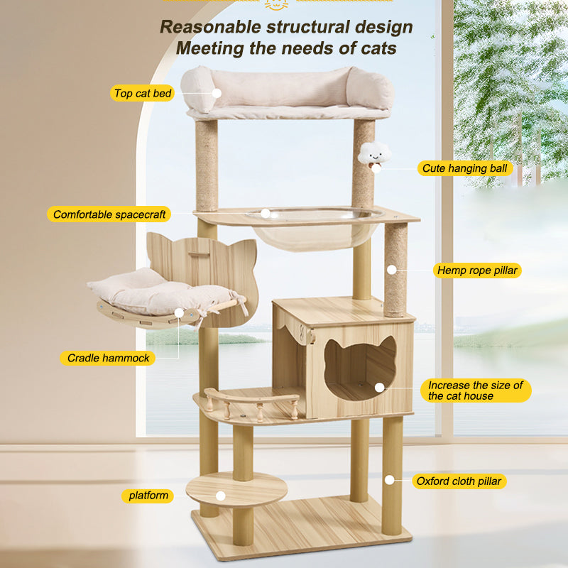 HELLO!kitty~All-in-one Solid Wood Cat Tree with Space Capsule Nest & Sisal PostsY39