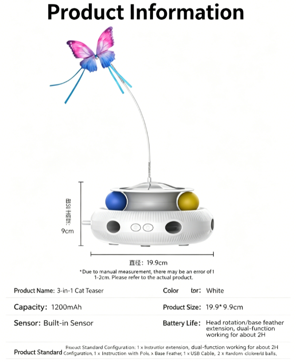 New Electric Cat Toy, Butterfly Wand Self Play Cat Turntable, Smart Interactive Pet Toy for Indoor Cats to Relieve Boredom